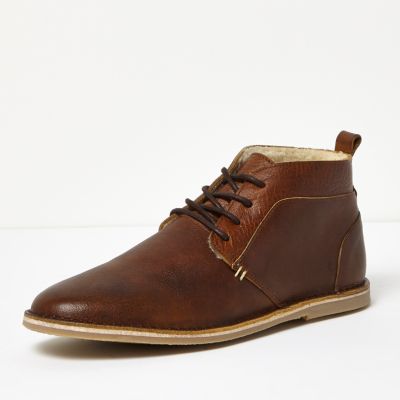 Brown borg lined leather desert boots